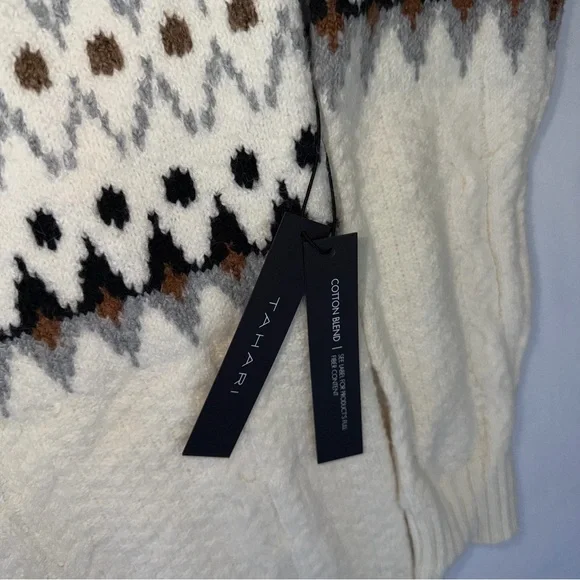 Tahari Fair Isle Turtleneck Sweater Ivory Knit XS Cozy Winter Oversized - Picture 8 of 9